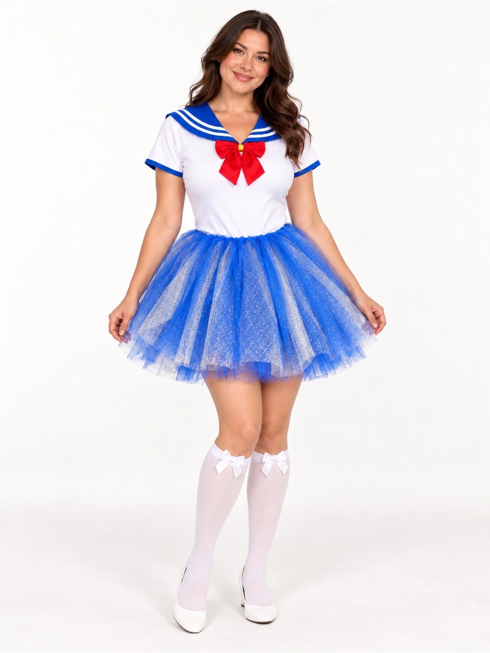 Sailor Moon Blue & White Costume with Red Bow, Tutu Thigh High Stockings